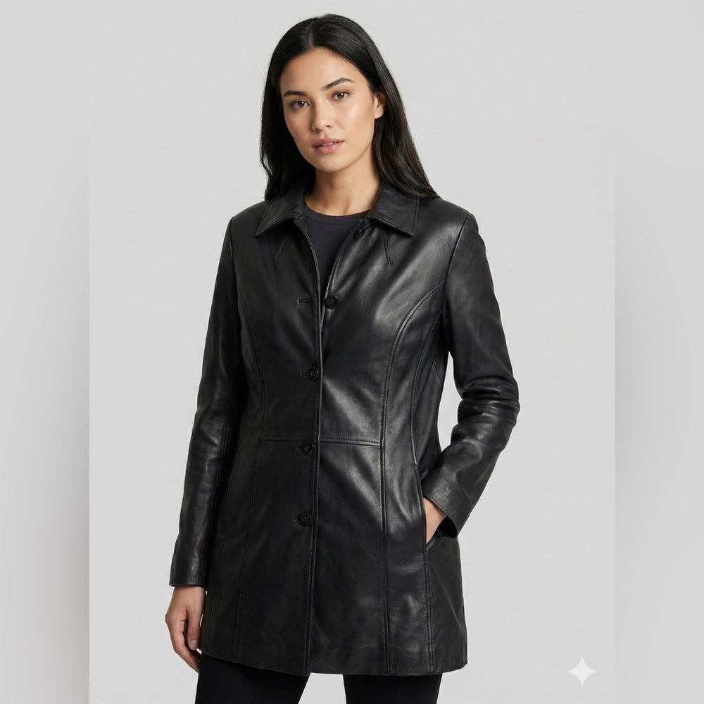 🧥 Danier Black Genuine Leather Mid-Length Coat Women's Large